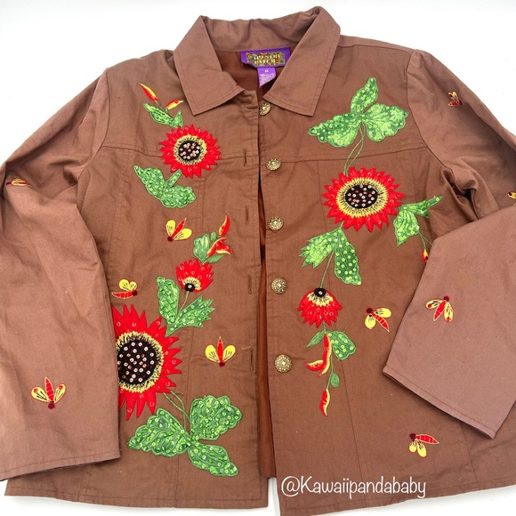 VTG 90s Tapestry Patch Brown Sequin Embroidered Sunflower Shirt Jacket Shacket - Picture 1 of 4